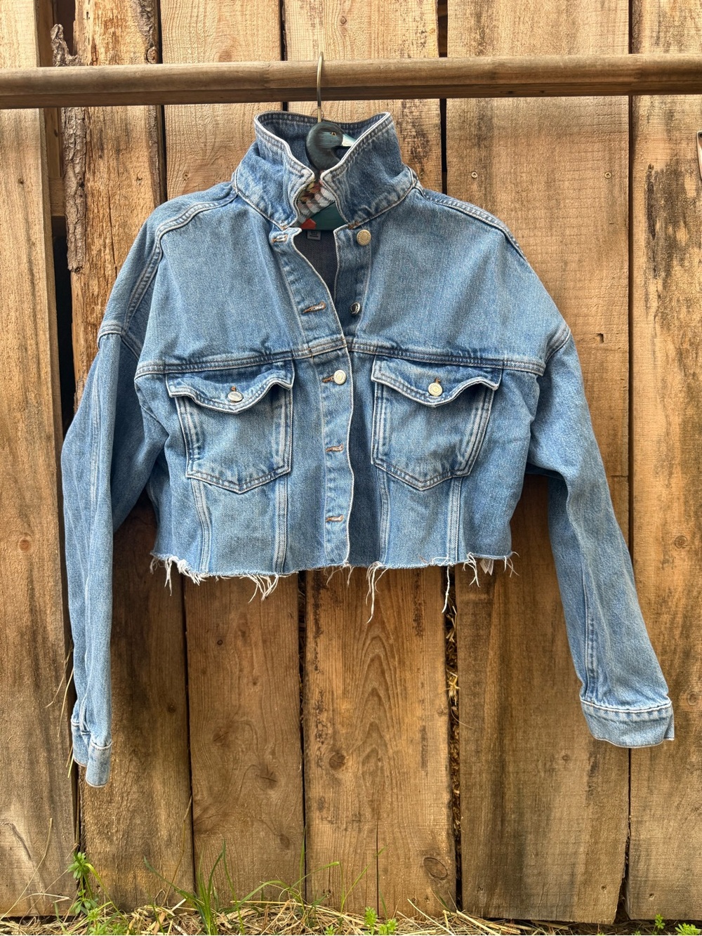 Topshop Cropped Light Wash Denim Jacket with Frayed Hem